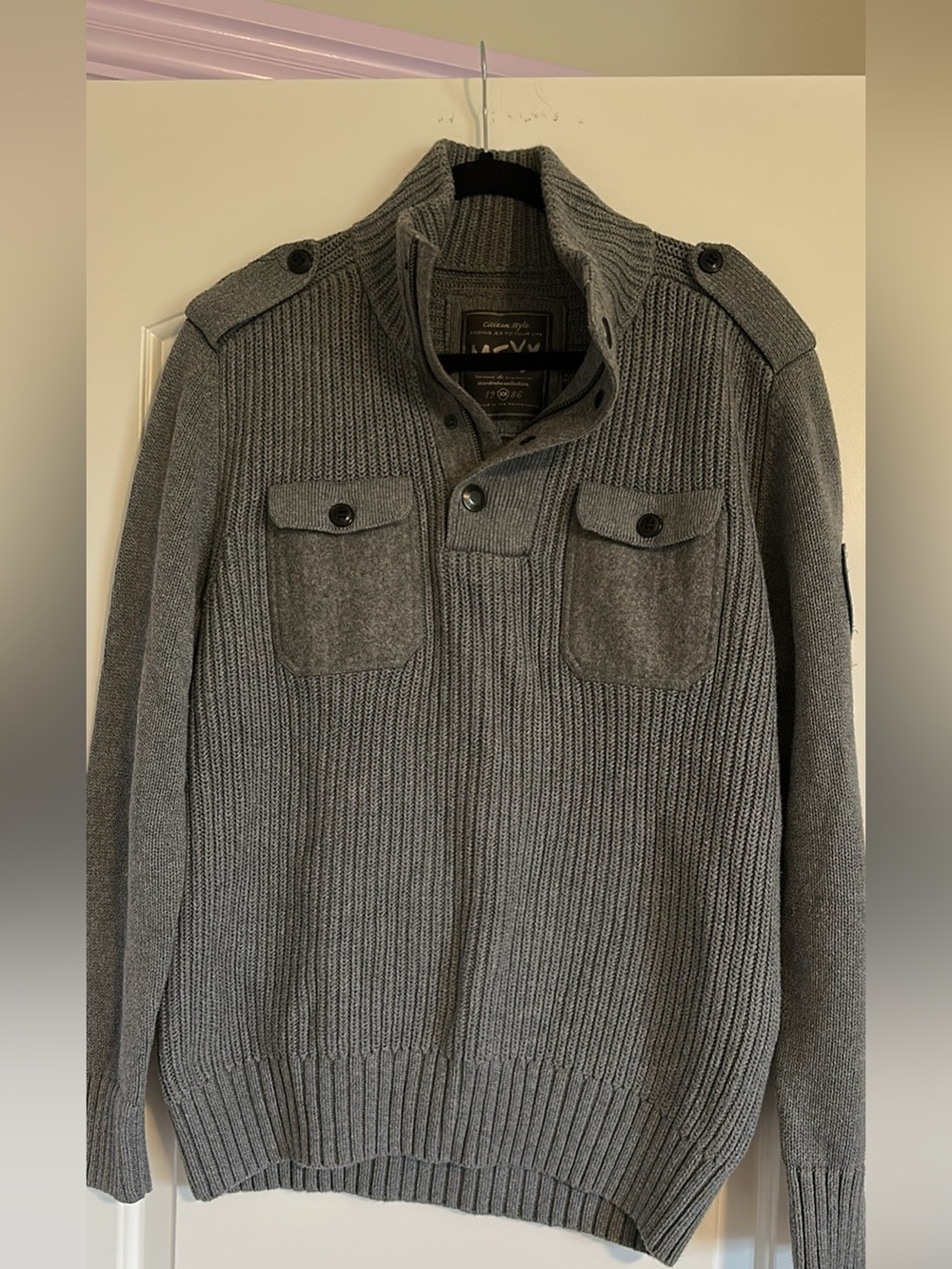 Mexx Gray Ribbed Crewneck Sweater with Chest Pockets
